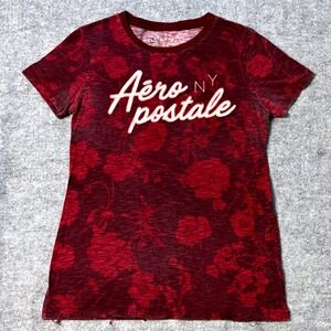 Aeropostale Classic Crew Y2K Burgandy‎ T-Shirt Womens M Floral Print Burgandy